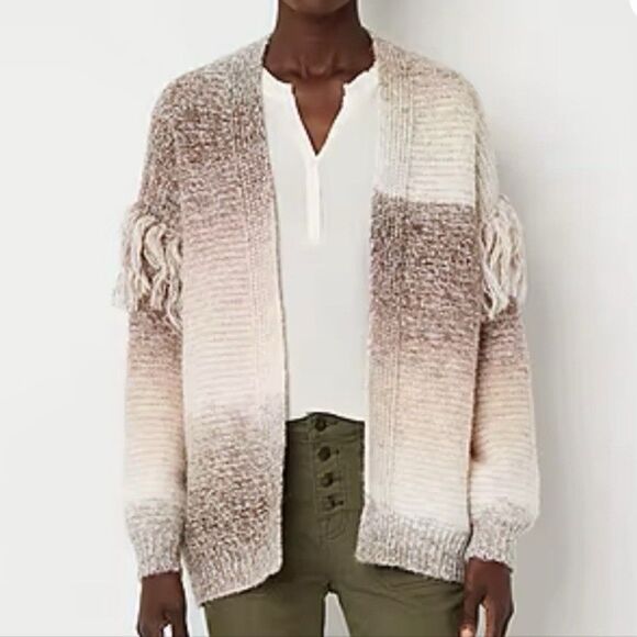 Frye & Co. Open Front Fringed Cardigan Sweater Space Dye Ombré Tan Pink Cream XL - Picture 1 of 9